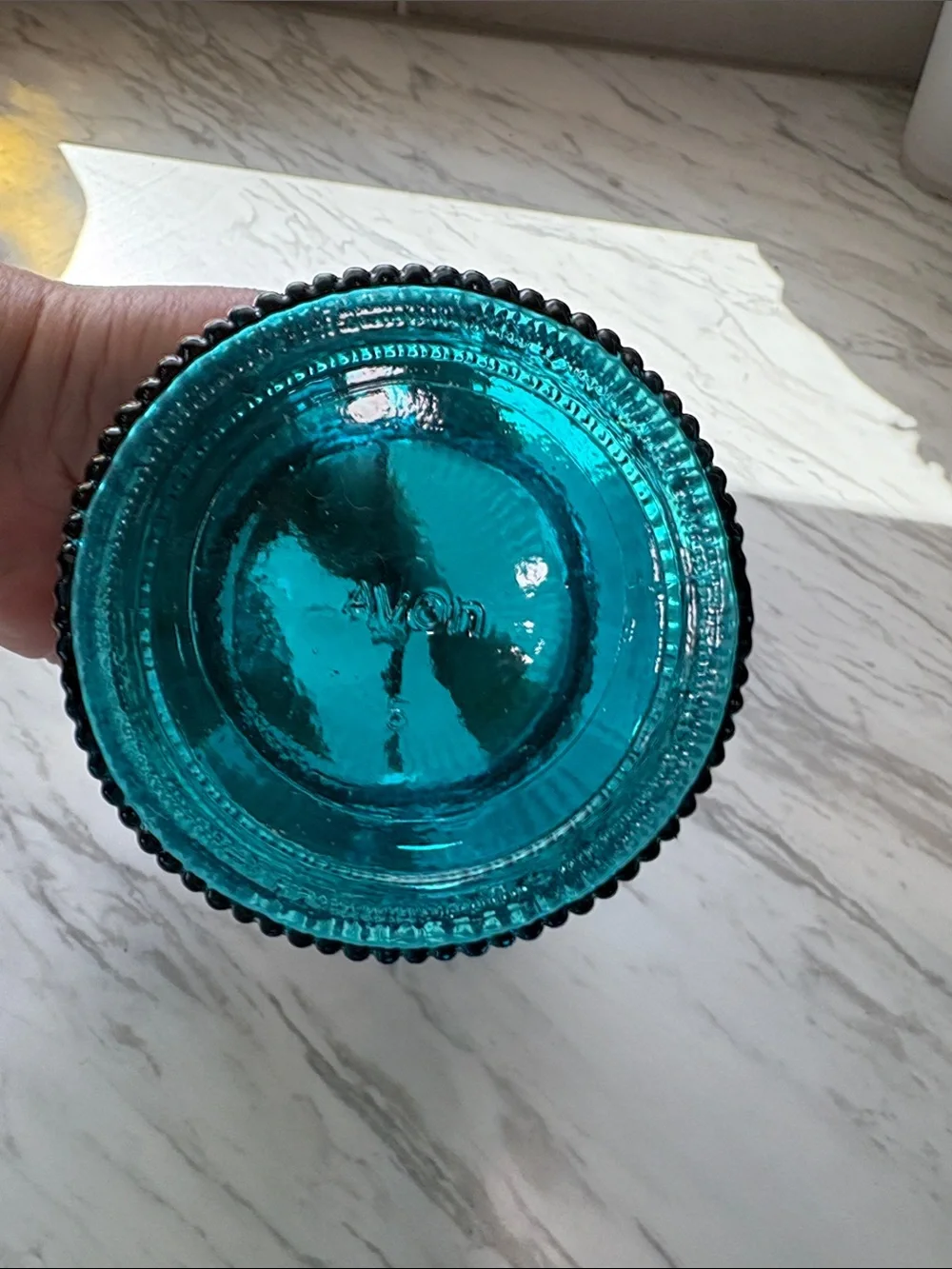 Vintage Avon Decorative Teal Glass Jar with Lid and Handle